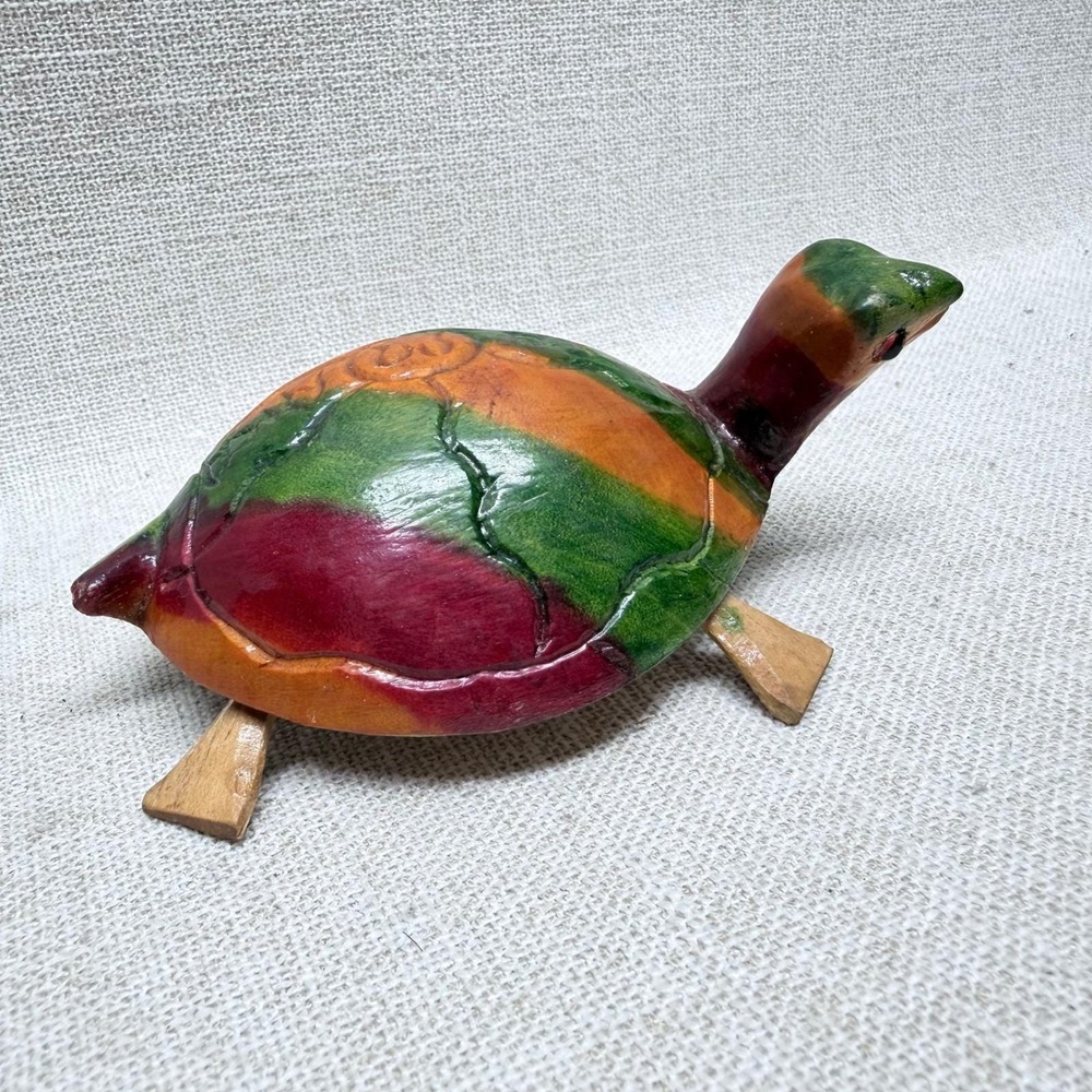 Vintage Hand Carved Wood Turtle Figurine Multi Color Painted Folk Art Decor 6in